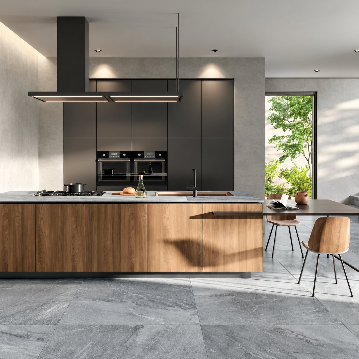 Cuisine contemporaine avec un îlot central en bois, une hotte noire suspendue, des fours encastrés et un sol en carrelage gris effet pierre.