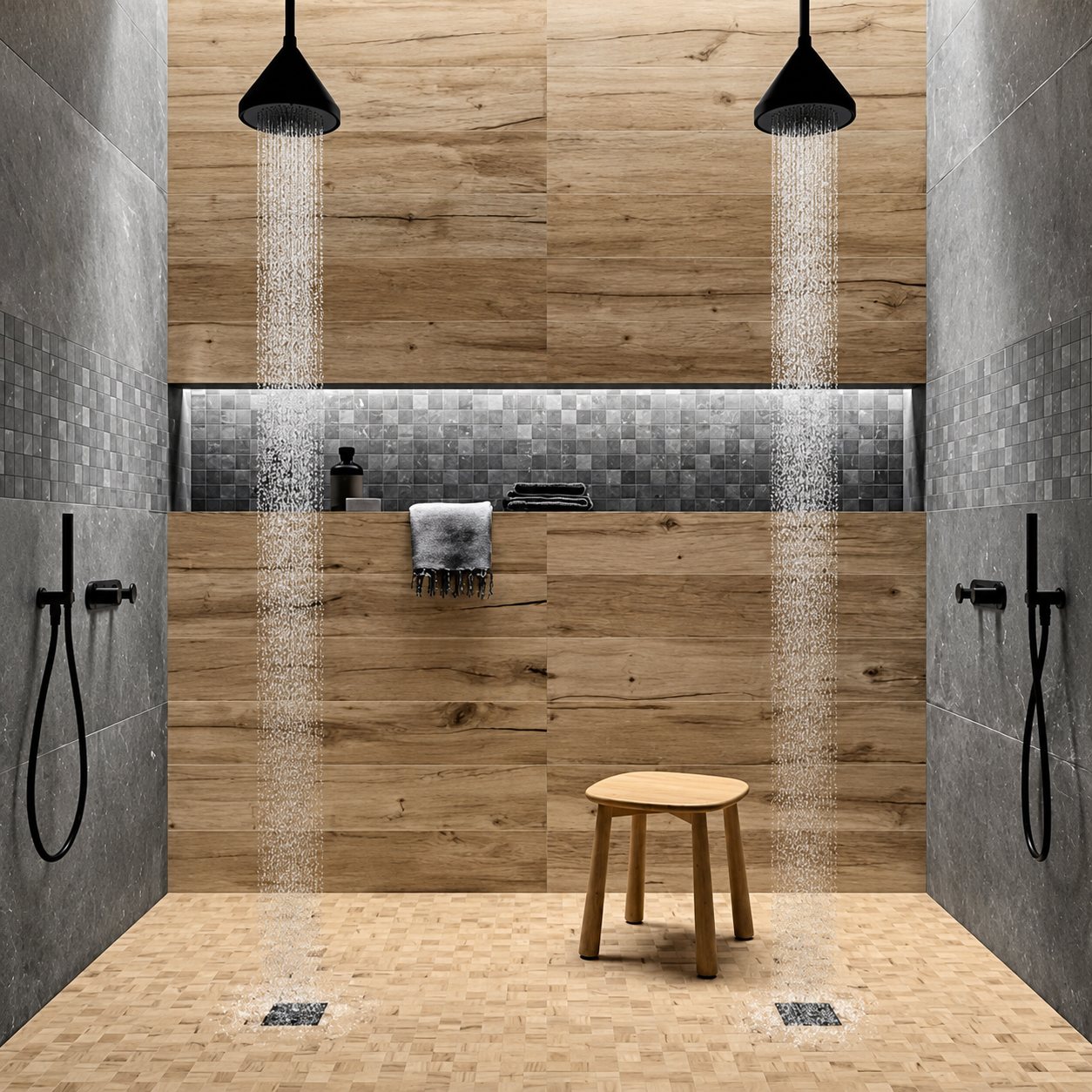 Une douche à l'italienne spacieuse avec deux pommeaux de pluie noirs, des murs en carrelage effet bois et pierre grise, une niche éclairée et un tabouret en bois.