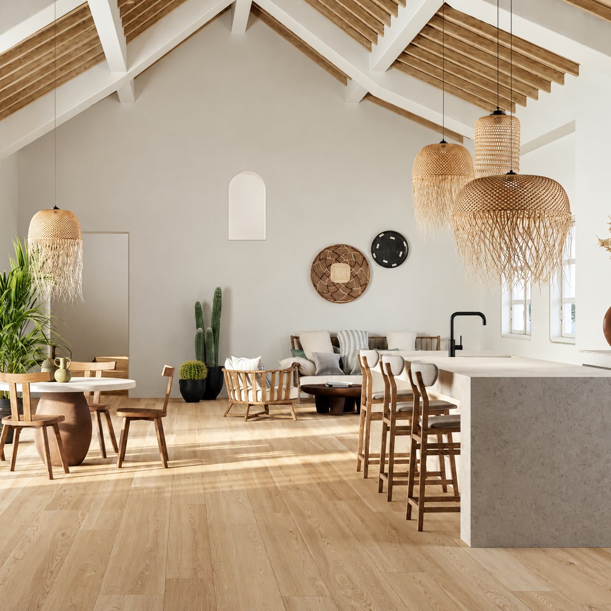 Grande pièce de vie sous une charpente apparente blanche, avec parquet en chêne clair, îlot de cuisine en béton, tabourets en bois et suspensions en rotin à franges.
