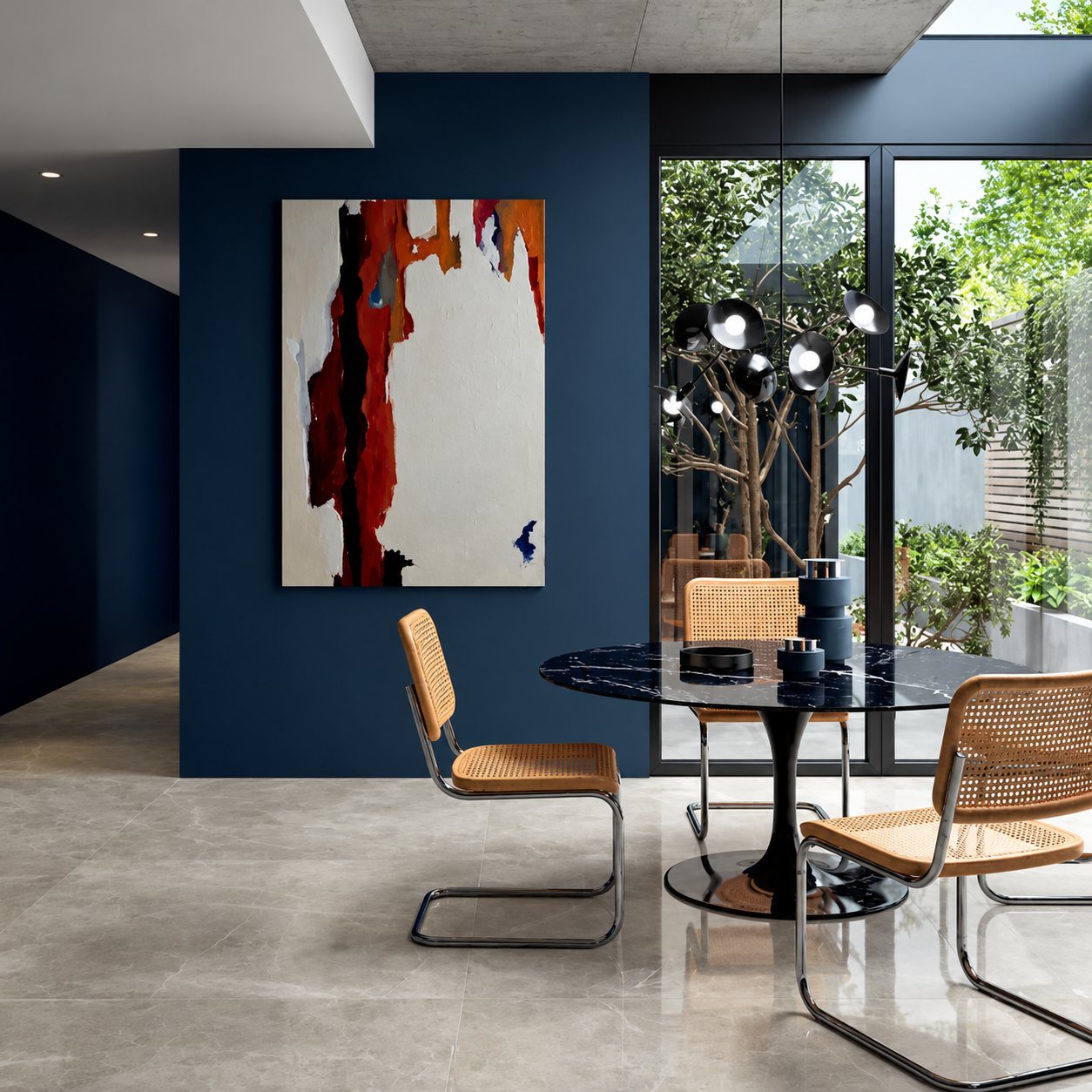 Salle à manger contemporaine avec une table ronde noire, des chaises cannées à structure chromée, un mur bleu marine orné d'un grand tableau et un sol en carrelage gris effet marbre.