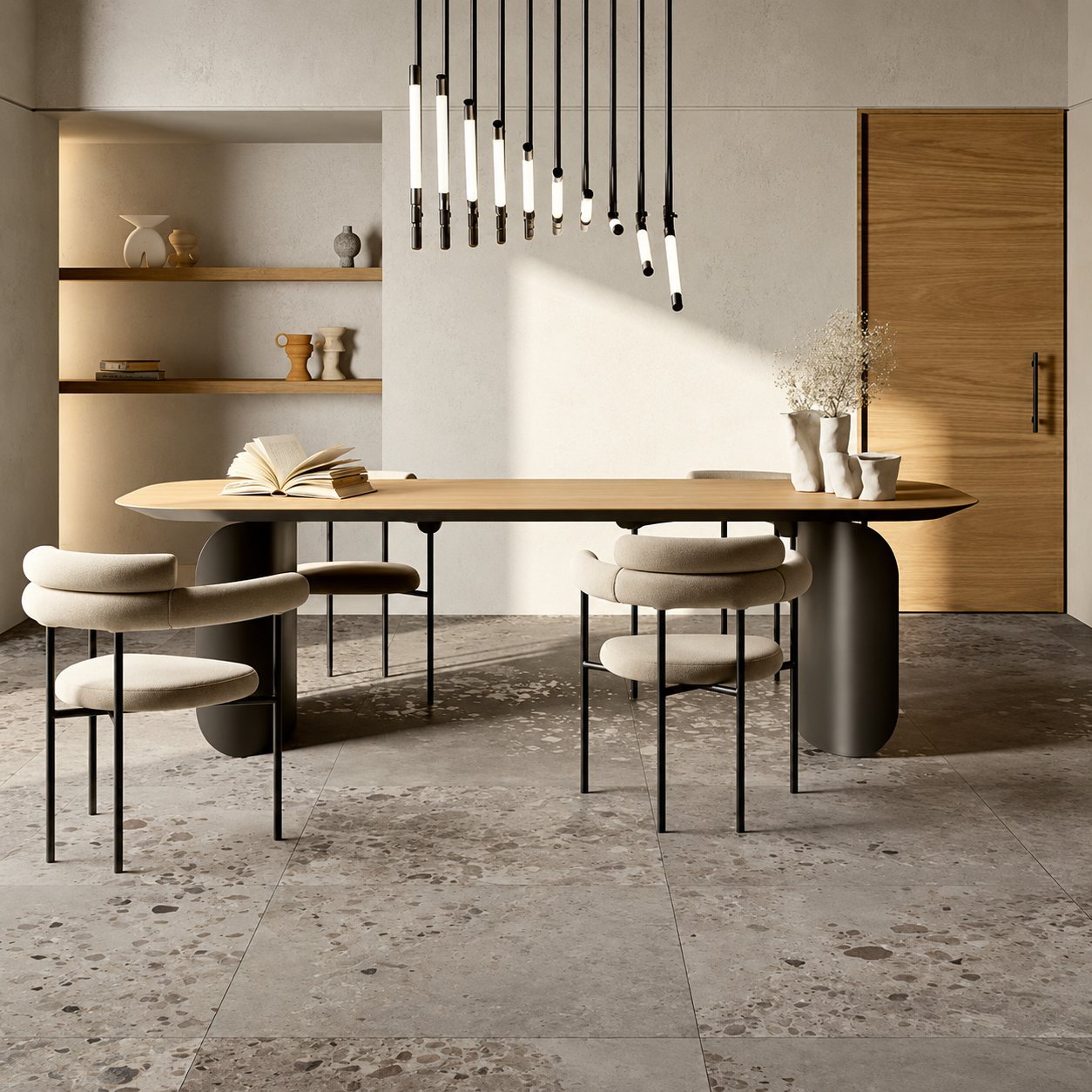 Une salle à manger contemporaine aux tons neutres avec une table en bois, des chaises en velours beige, des suspensions lumineuses et un sol en terrazzo gris.