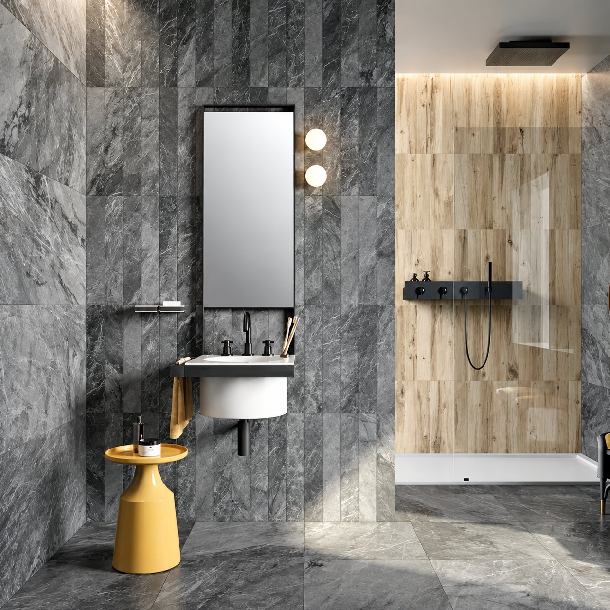 Salle de bain contemporaine aux murs en carrelage gris effet marbre, avec lavabo suspendu, grand miroir, douche à l'italienne habillée de carreaux effet bois et petite table d'appoint jaune.