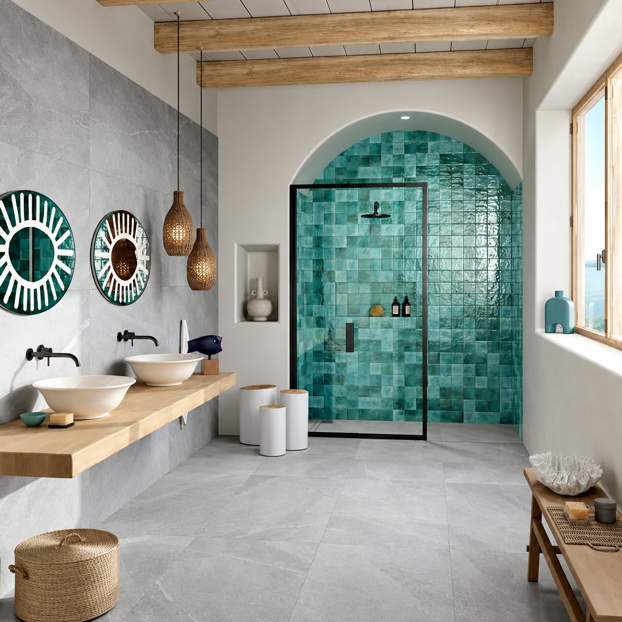 Salle de bain spacieuse au sol gris avec une douche sous arche en carreaux turquoise, deux vasques sur plan en bois et deux miroirs ronds décoratifs.