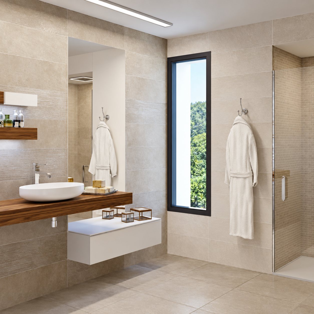 Salle de bain moderne aux carrelages beiges avec vasque blanche sur plan en bois, peignoirs suspendus et douche à l'italienne.