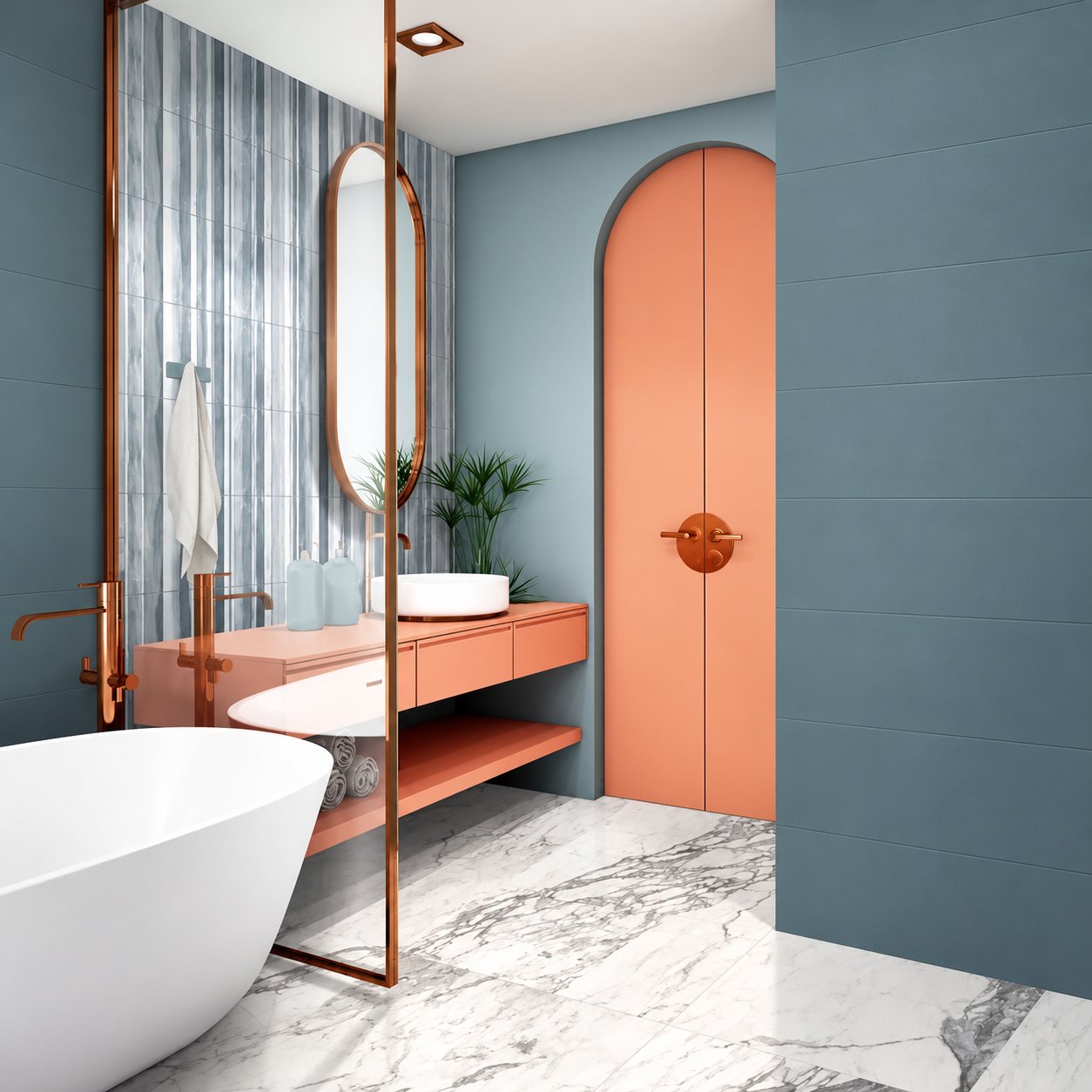 Salle de bain contemporaine avec baignoire blanche, meuble suspendu corail, porte en arche rose, murs bleu-gris et sol en marbre.