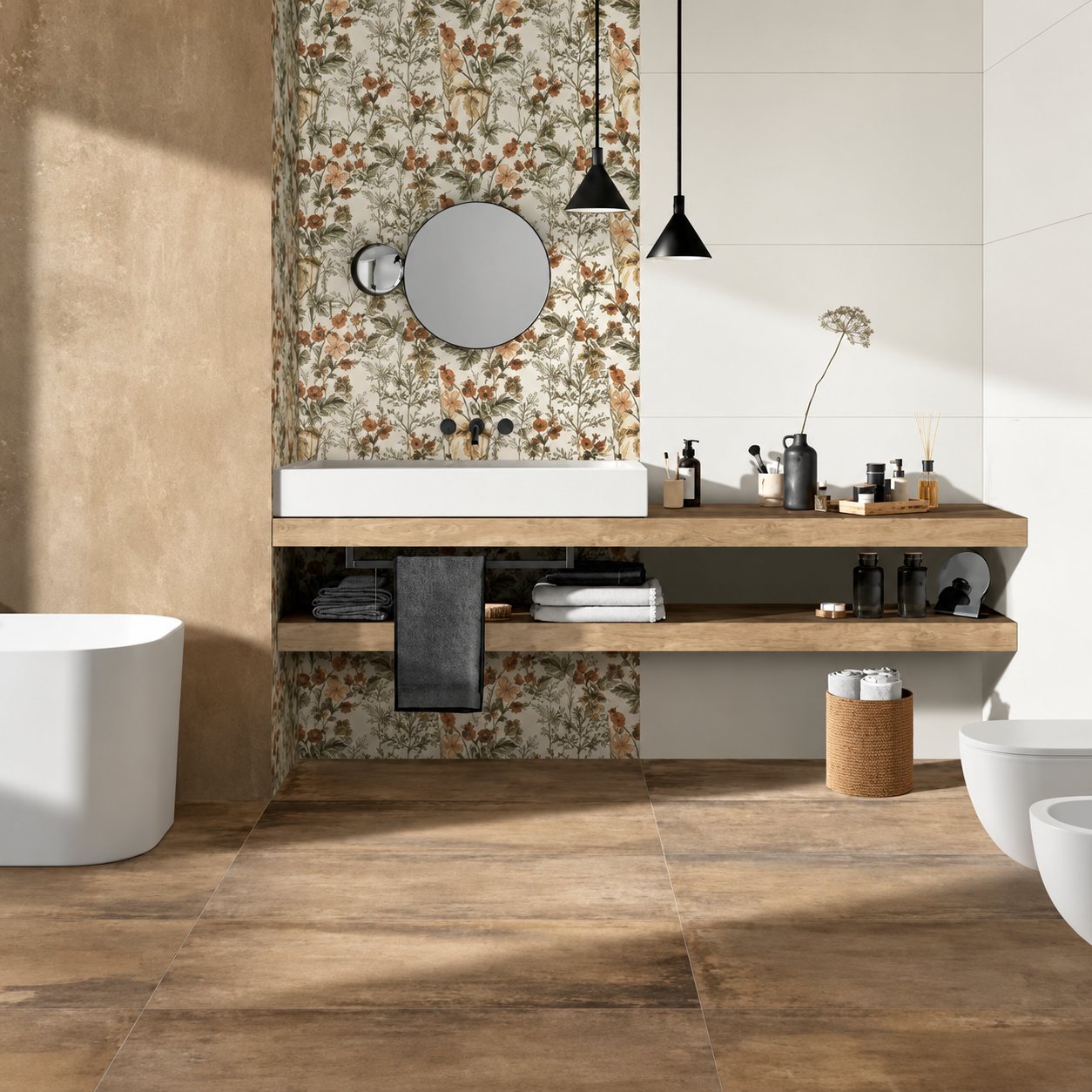 Salle de bain contemporaine avec vasque rectangulaire sur plan en bois, mur au carrelage floral, miroir rond, suspensions noires et sol en carrelage brun.
