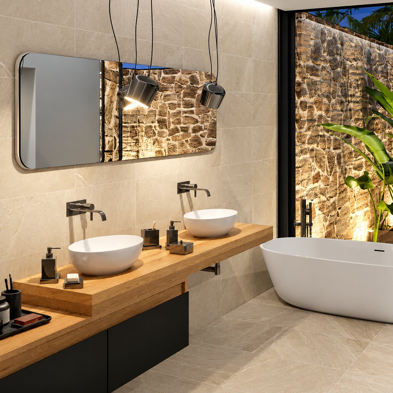 Salle de bain moderne en pierre beige avec plan en bois portant deux vasques blanches, grand miroir, suspensions et baignoire ovale devant un mur de pierres éclairé.