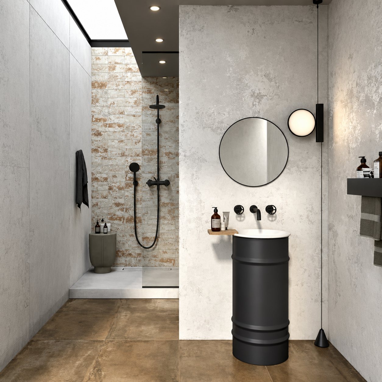 Salle de bain de style industriel aux murs effet béton clair, avec une douche à l'italienne, un miroir rond et une vasque noire en forme de bidon sur pied.