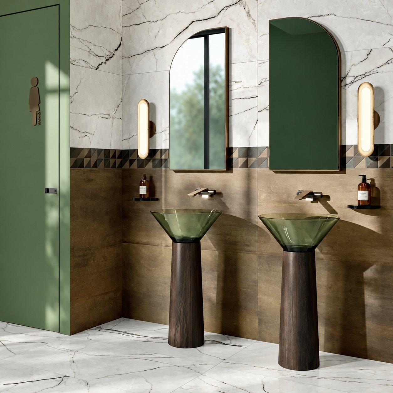Salle d'eau moderne avec deux vasques en verre vert sur socles en bois sombre, miroirs arrondis, appliques lumineuses et carrelage effet marbre et bois.