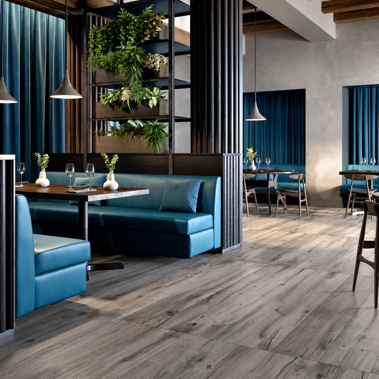 Intérieur de restaurant élégant avec banquettes en cuir bleu, rideaux bleu profond, étagère végétalisée et carrelage gris effet bois.